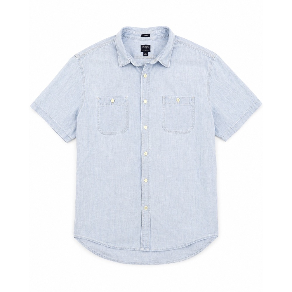 J.Crew Chambray Men's Short Sleeve Button Up Shirt Light Blue XXL Classic Fit